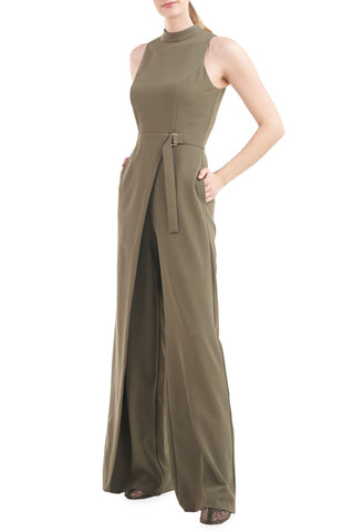 Kay Unger Mock Neck Sleeveless Asymmetrical Belted Overlay Wide Leg Stretch Crepe Jumpsuit - Glamourous Grace