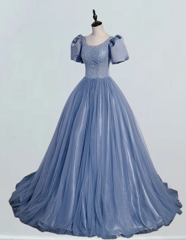 Grey blue scoop beading lace long tull ball gown prom dress