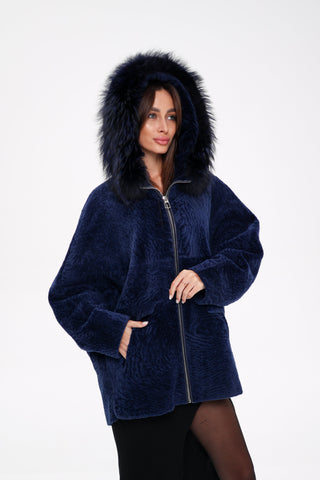 Genuine Shearling Silver Fox Trim Jacket