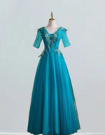 Peacock Blue V-Neck Tulle Prom Dress | Lace Applique Elegant Evening Gown