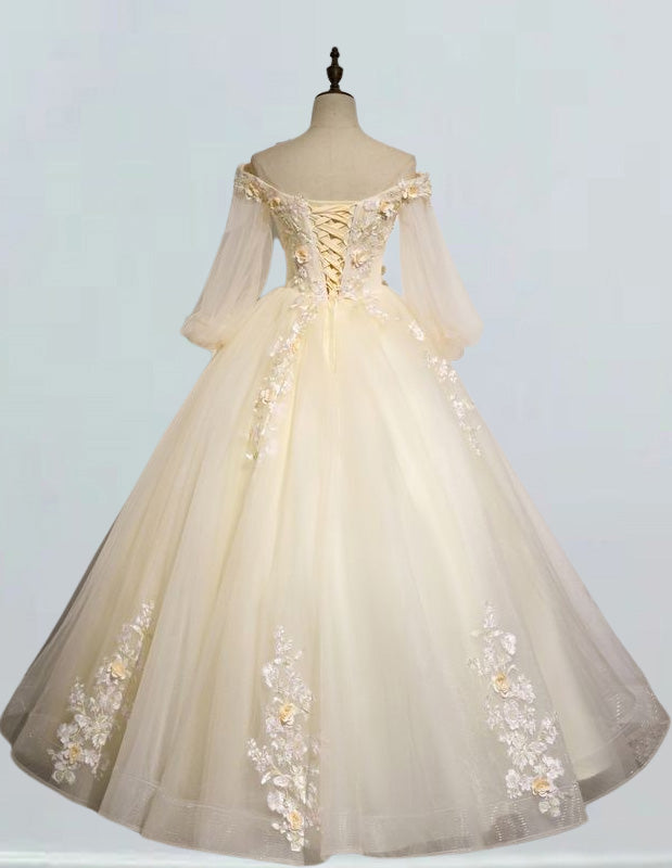 Champagne long tulle ball gown,long sleeve Lace applique Bridal gown