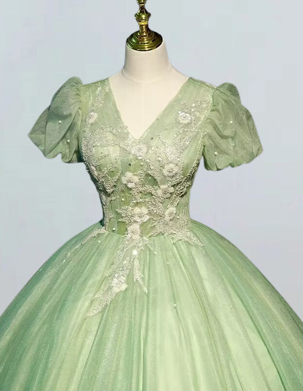 Sage green v neck short sleeve prom gown pleated beaded lace applique long wedding gown senior prom dress