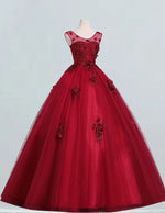 Burgundy Princess Tulle Ball Gown | Lace Applique Prom & Evening Dress