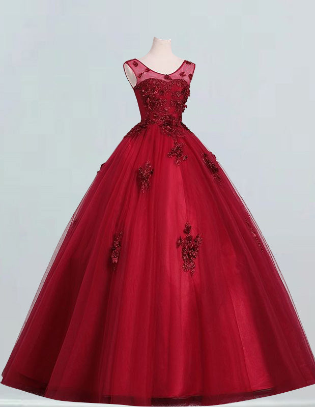 Burgundy Princess Tulle Ball Gown | Lace Applique Prom & Evening Dress