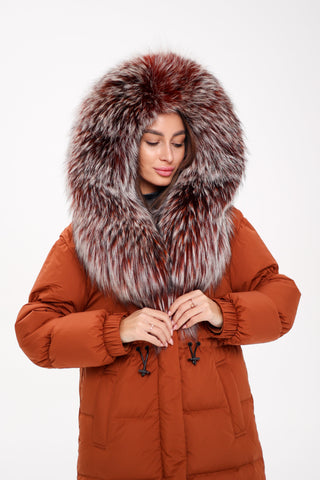 Genuine Silver Fox Fully Lined Hood Down Filled Coat - By Baano
