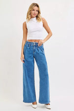 RISEN Plus Size Mid Rise Wide Leg Jeans With Pleated Detail For Flattering All Day Comfort Full Size
