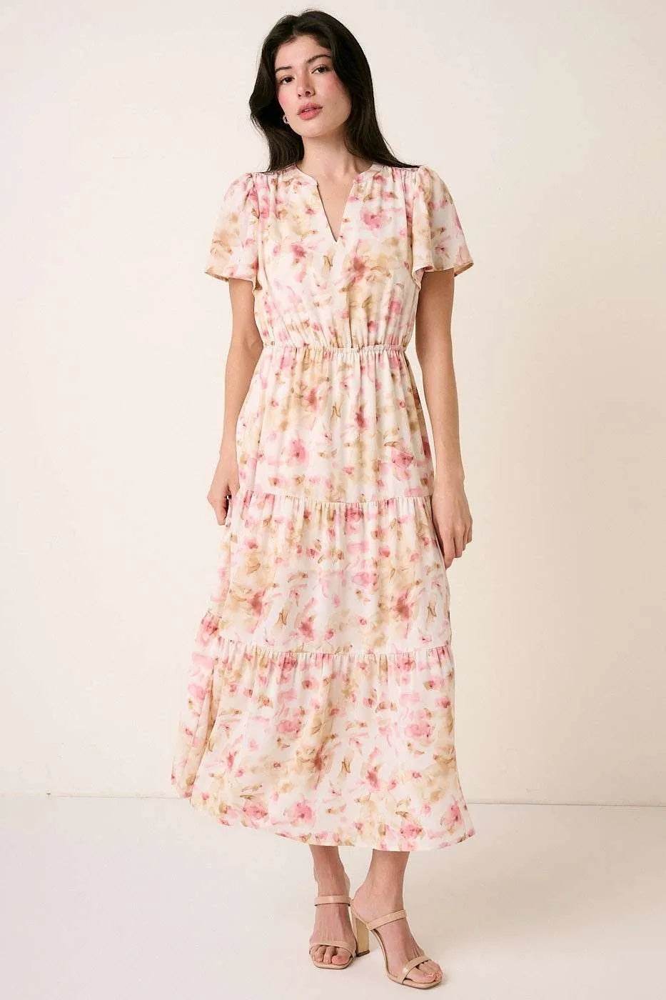 Mittoshop Flower Print Flutter Sleeve V Slit Maxi Dress - By Baano