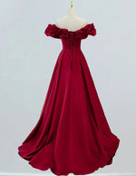 Burgundy Satin Off-Shoulder Prom Gown, Ruffle Ball Gown Dress for Girls, Elegant Evening Wear