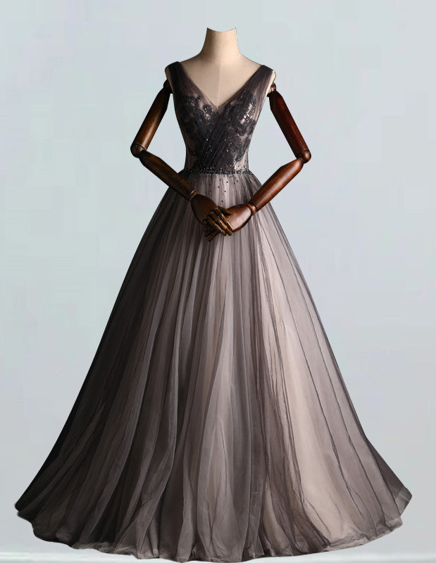 Women's Elegant V-Neck Tulle Ball Gown | Beaded Rhinestone Prom & Wedding Dress