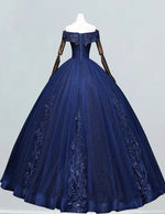 Navy Off-Shoulder Beaded Lace Ball Gown | Elegant Prom & Evening Dress