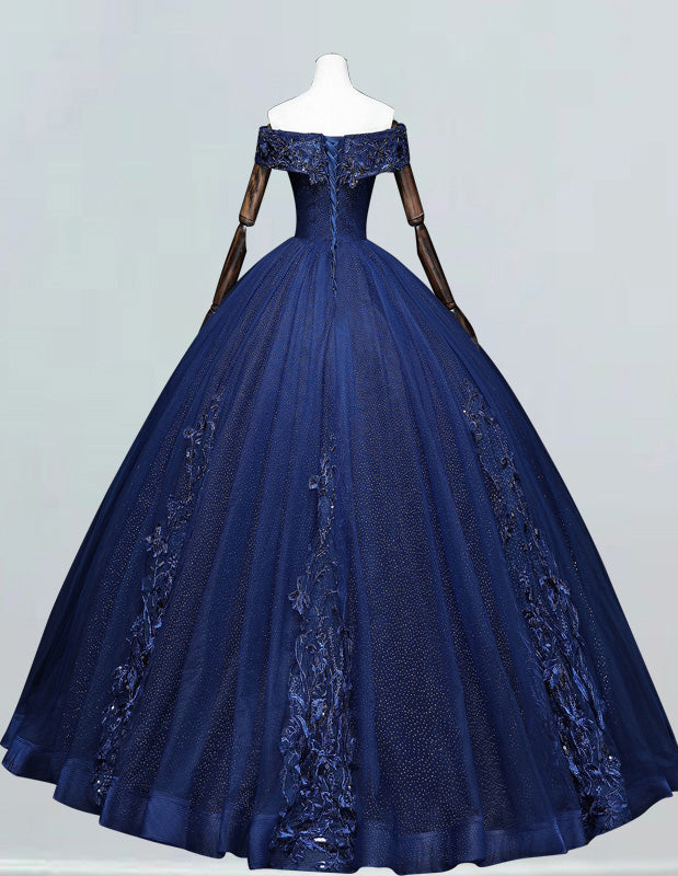 Navy Off-Shoulder Beaded Lace Ball Gown | Elegant Prom & Evening Dress