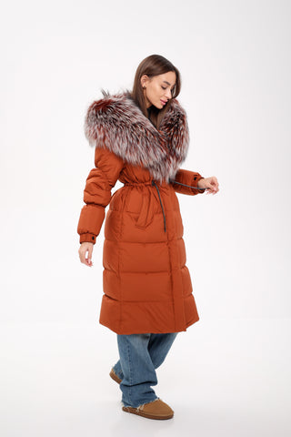 Genuine Silver Fox Fully Lined Hood Down Filled Coat - By Baano