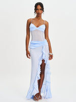 Lacy Blue Ruched Breast High Slit Chiffon Dress