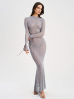 Waylynn Gray Animal Print Burnout Velvet Detail Mesh Backless Maxi Dress