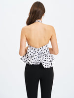 Ilene White and Black Polka Dot Bubble Hem Halter Top Miss Circle