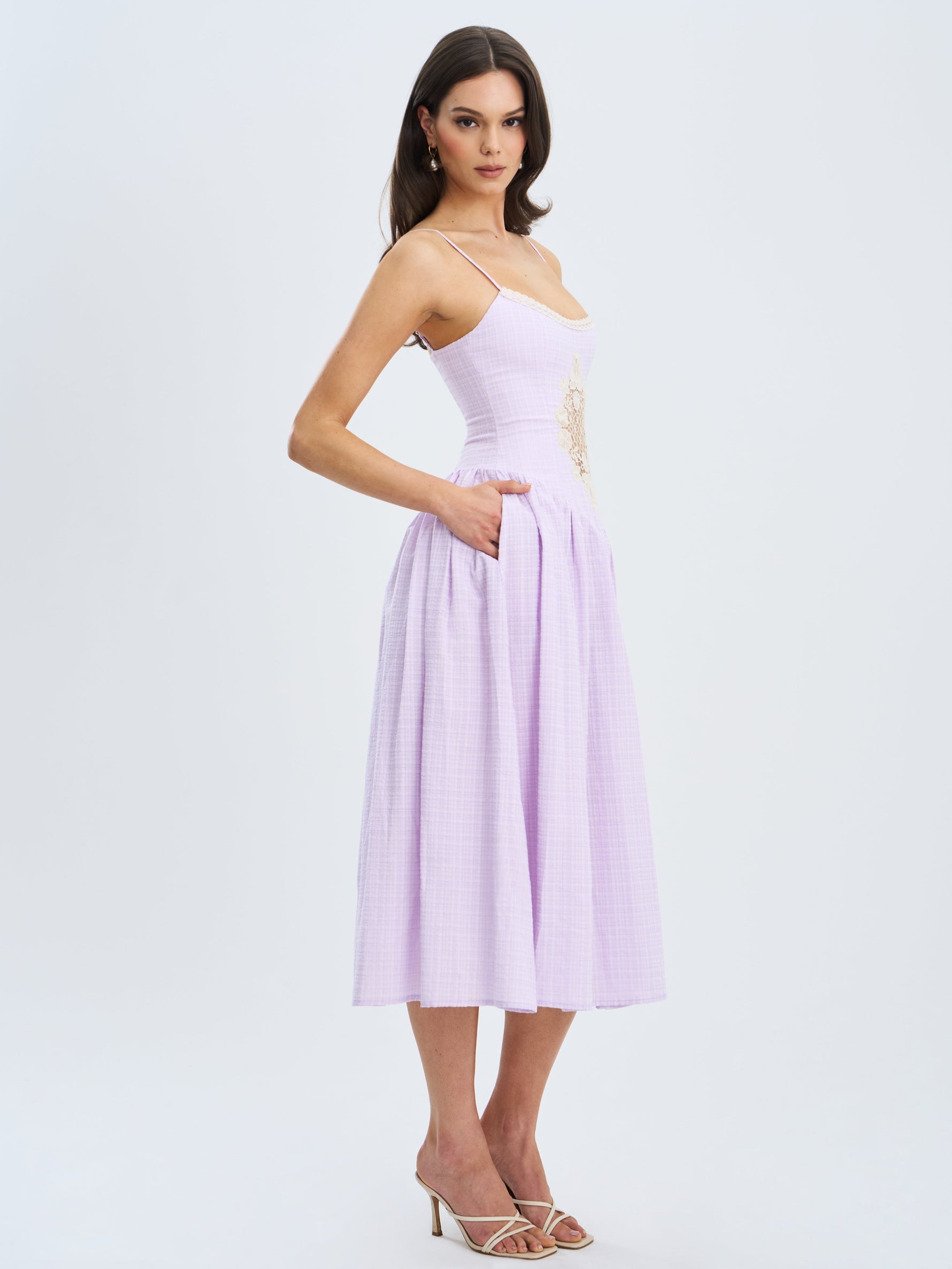 Jaclyn Lavender Lace Trim Cutout Seersucker Midi Dress