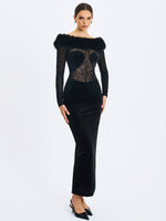 Alexis Black Velvet Animal Print Fur Boatneck Maxi Dress Miss Circle