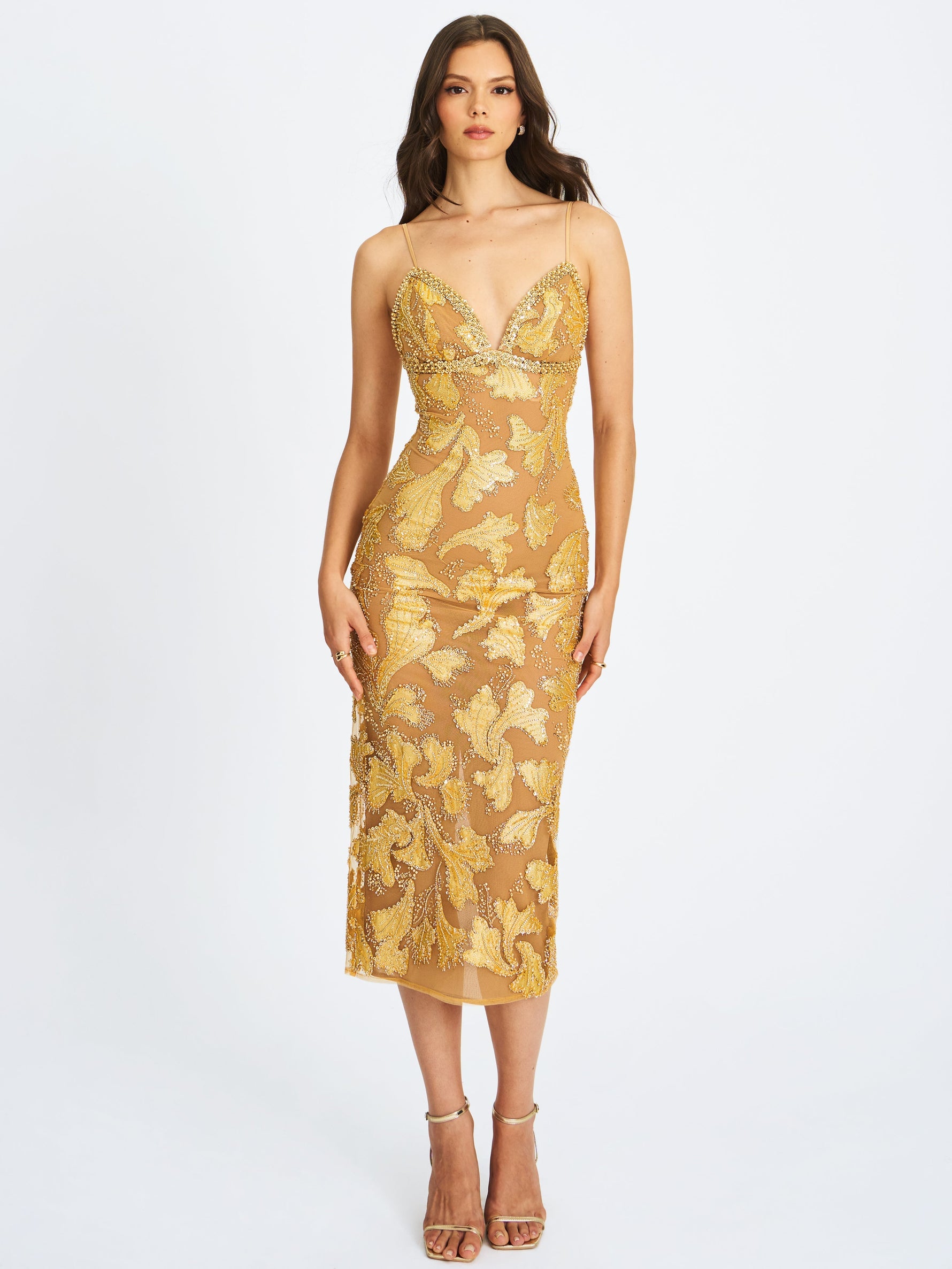 Edie Gold Beaded Sequin Midi Pencil Dress Miss Circle