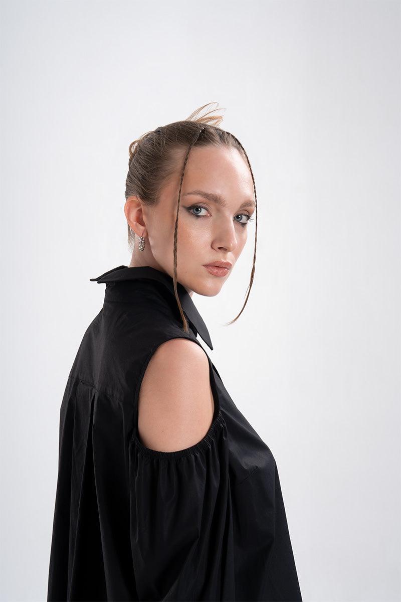Quarta Open Shoulders Black Premium Poplin Shirt ETNA