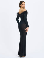 Emberly Black Fur Trimmed Off-Shoulder Rhinestone Mermaid Maxi Dress Miss Circle