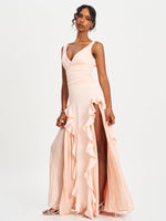 Talyssa Baby Pink Ruched Waist Double High Slit Maxi Gown (Archive Sale)