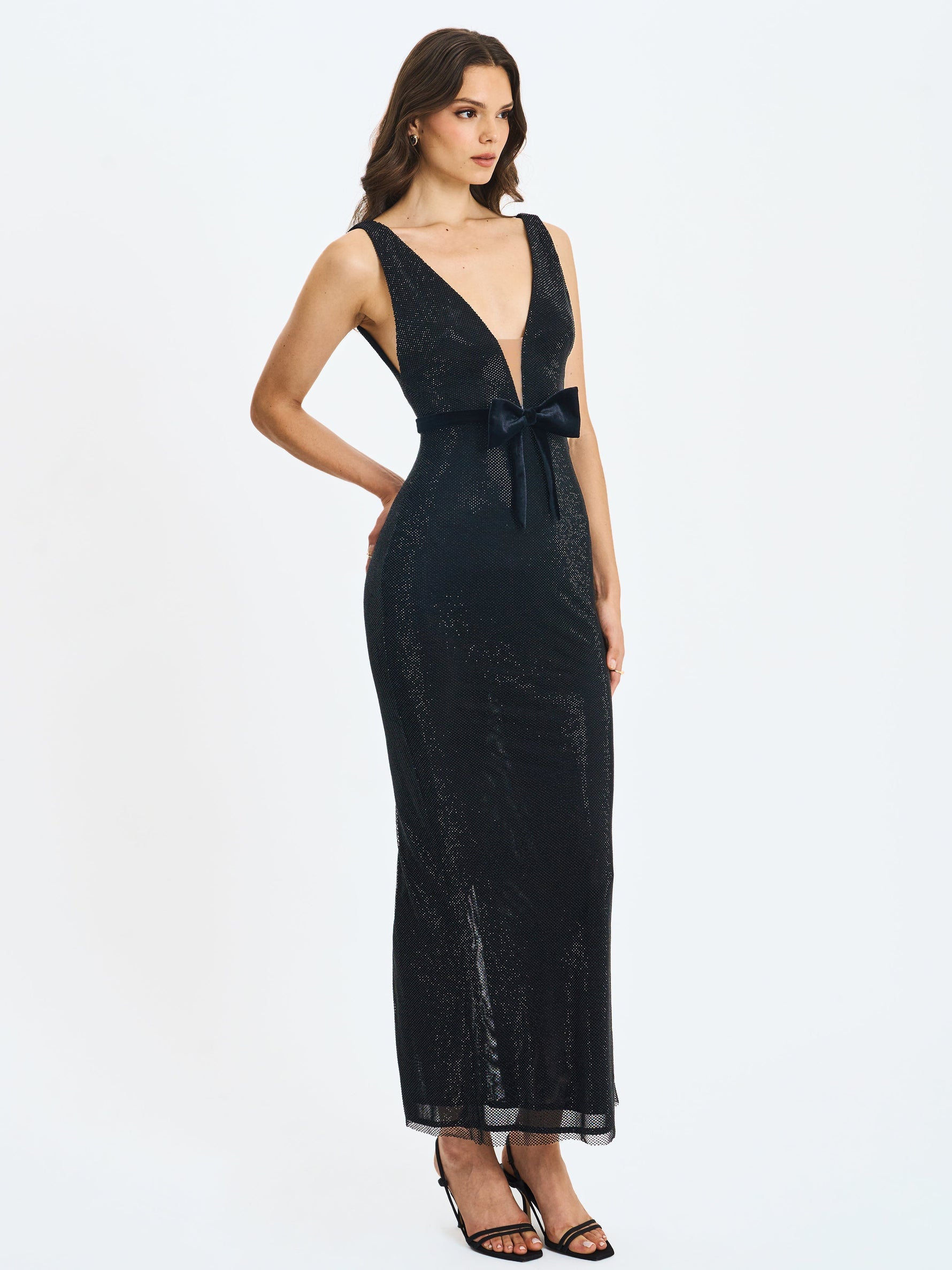 Olympia Black Belted Bow Plunging Rhinestone Maxi Dress Miss Circle