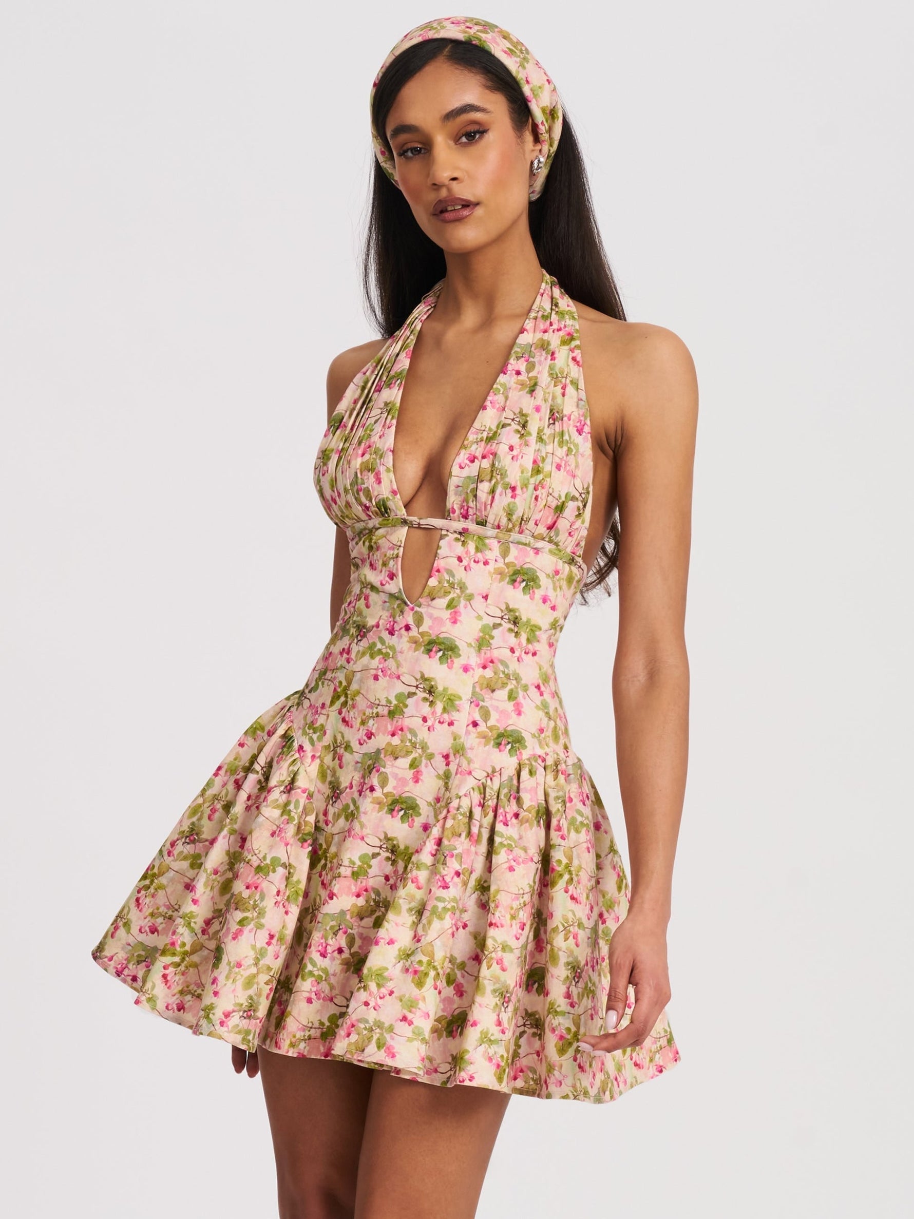 Mackenzie Green and Pink Floral Print Halter Linen Mini Dress Miss Circle