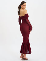 Kaedyn Burgundy Off Shoulder Long Sleeve Crochet Mermaid Maxi Dress Miss Circle