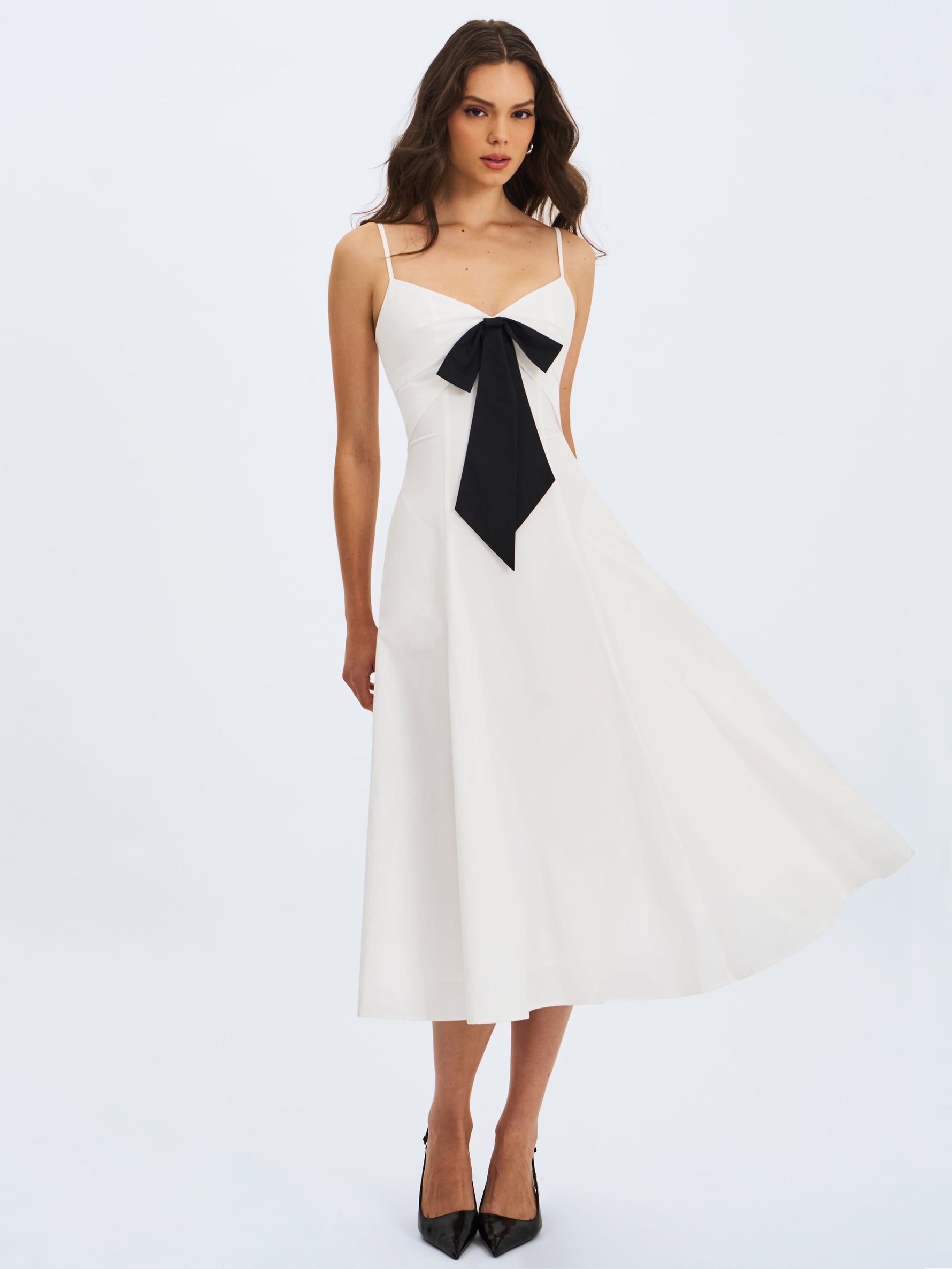 Corinne White Poplin Flared Midi Dress with Removable Bow Miss Circle