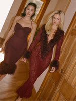 Luana Burgundy Plunging Fur Trimmed Crochet Maxi Dress