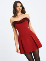 Nalia Crimson Fur Trimmed Sweetheart Mini Dress Miss Circle