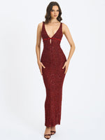 Elora Crimson Sequin Beaded Keyhole Maxi Dress Miss Circle