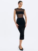 Quielle Black Mesh and Velvet Midi Bodycon Dress Miss Circle