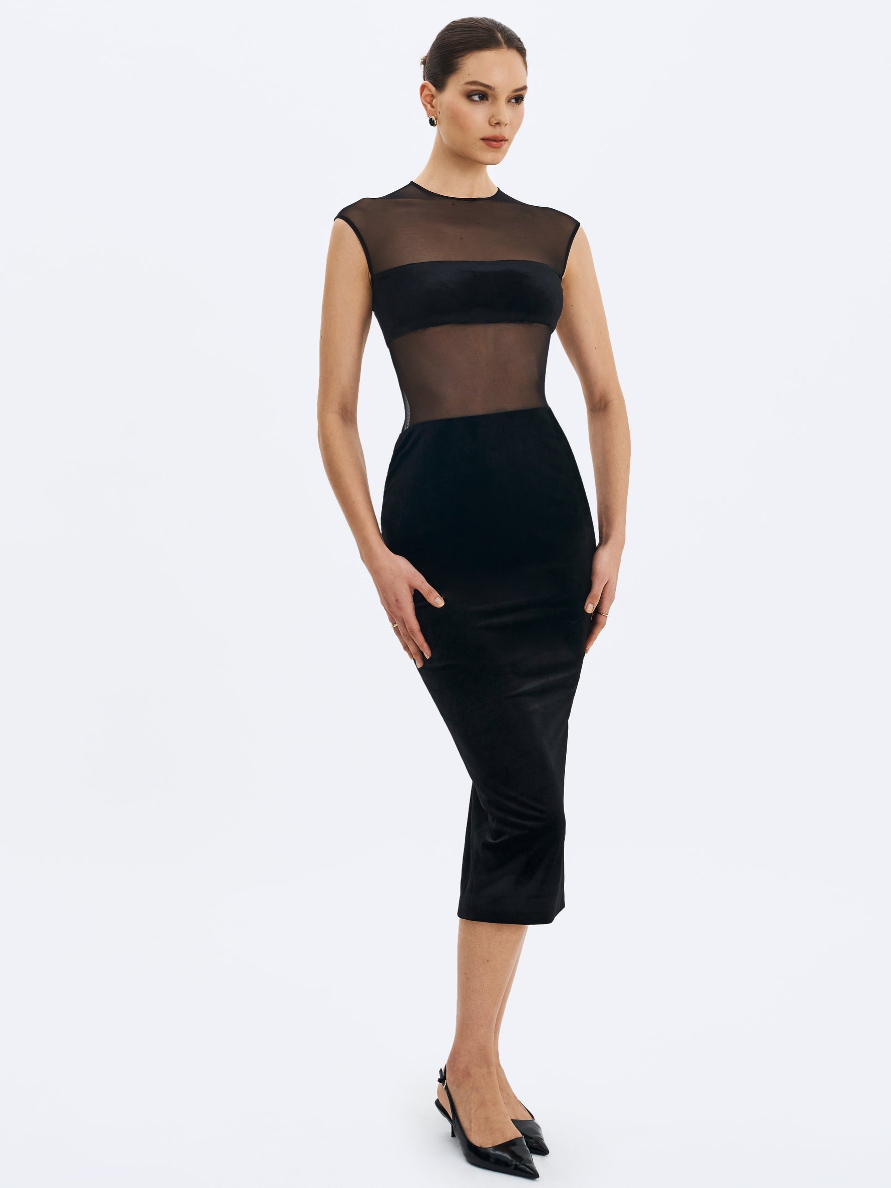 Quielle Black Mesh and Velvet Midi Bodycon Dress Miss Circle