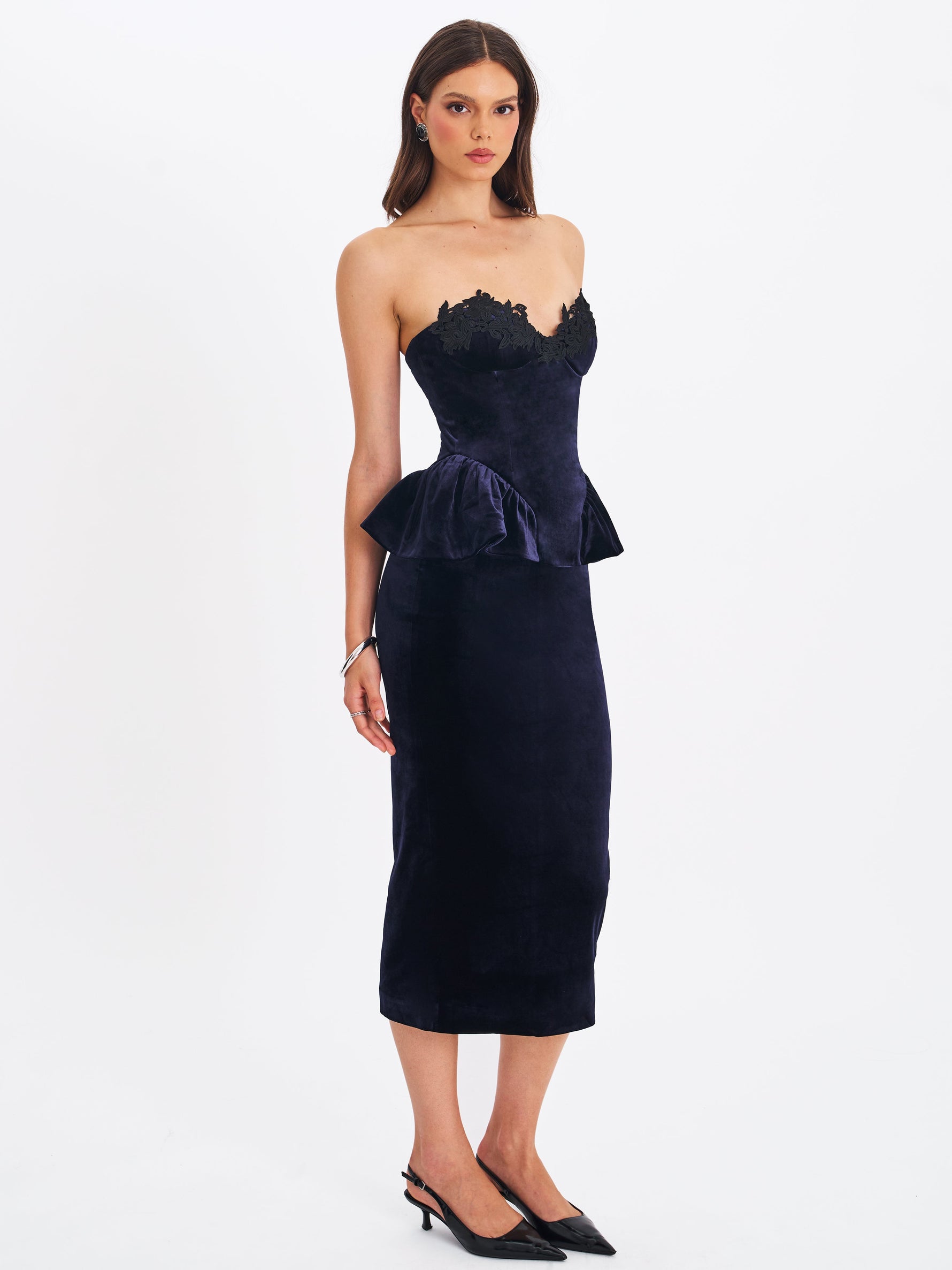 Pascha Black Lace Appliqué Strapless Peplum Midi Dress Miss Circle
