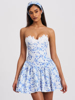 Taleah Blue Floral Print Linen Mini Dress with Lace Trim