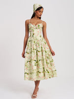 Jacinda Green Floral Print Ruched Breast Linen Midi Dress