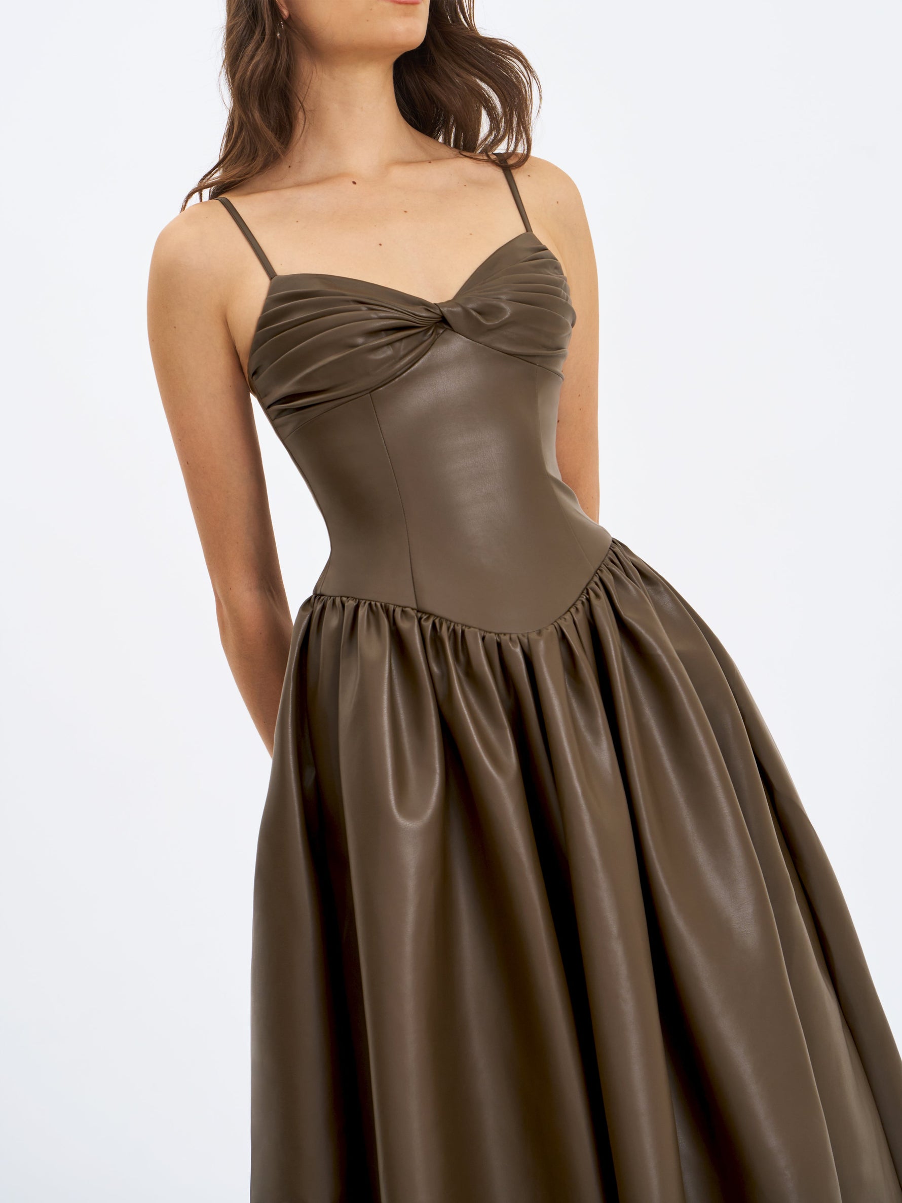 Parisia Cocoa Vegan Leather Drop Waist Midi Dress