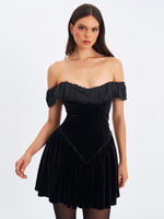 Daisha Black Lace Trimmed Off-Shoulder Ruched Mini Dress Miss Circle