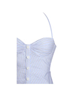 Melody Baby Blue Railroad Stripe Halter Drop Waist Mini Dress