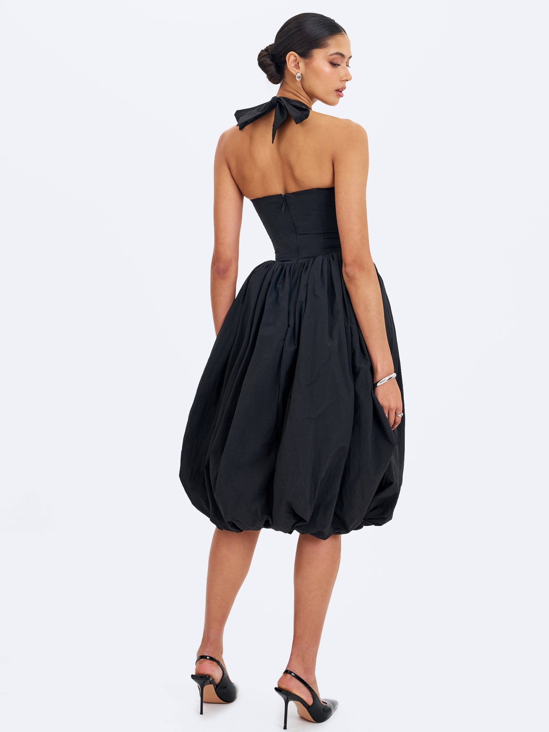 Veradis Black Taffeta Halter Bubble-Hem Midi Dress
