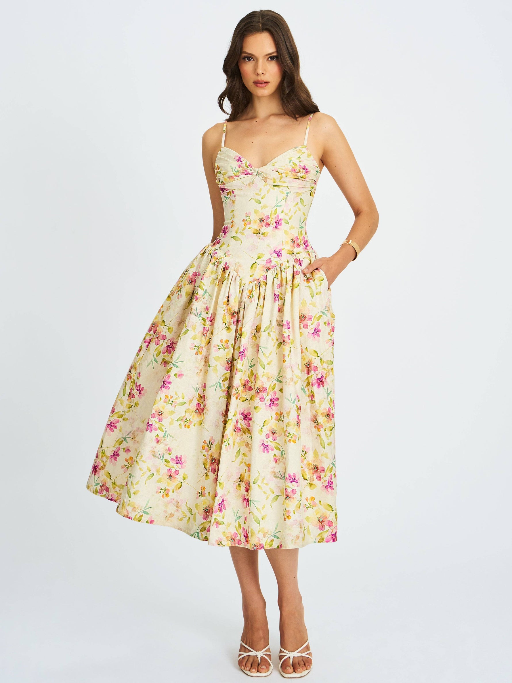 Jacinda Yellow Floral Print Ruched Breast Linen Midi Dress