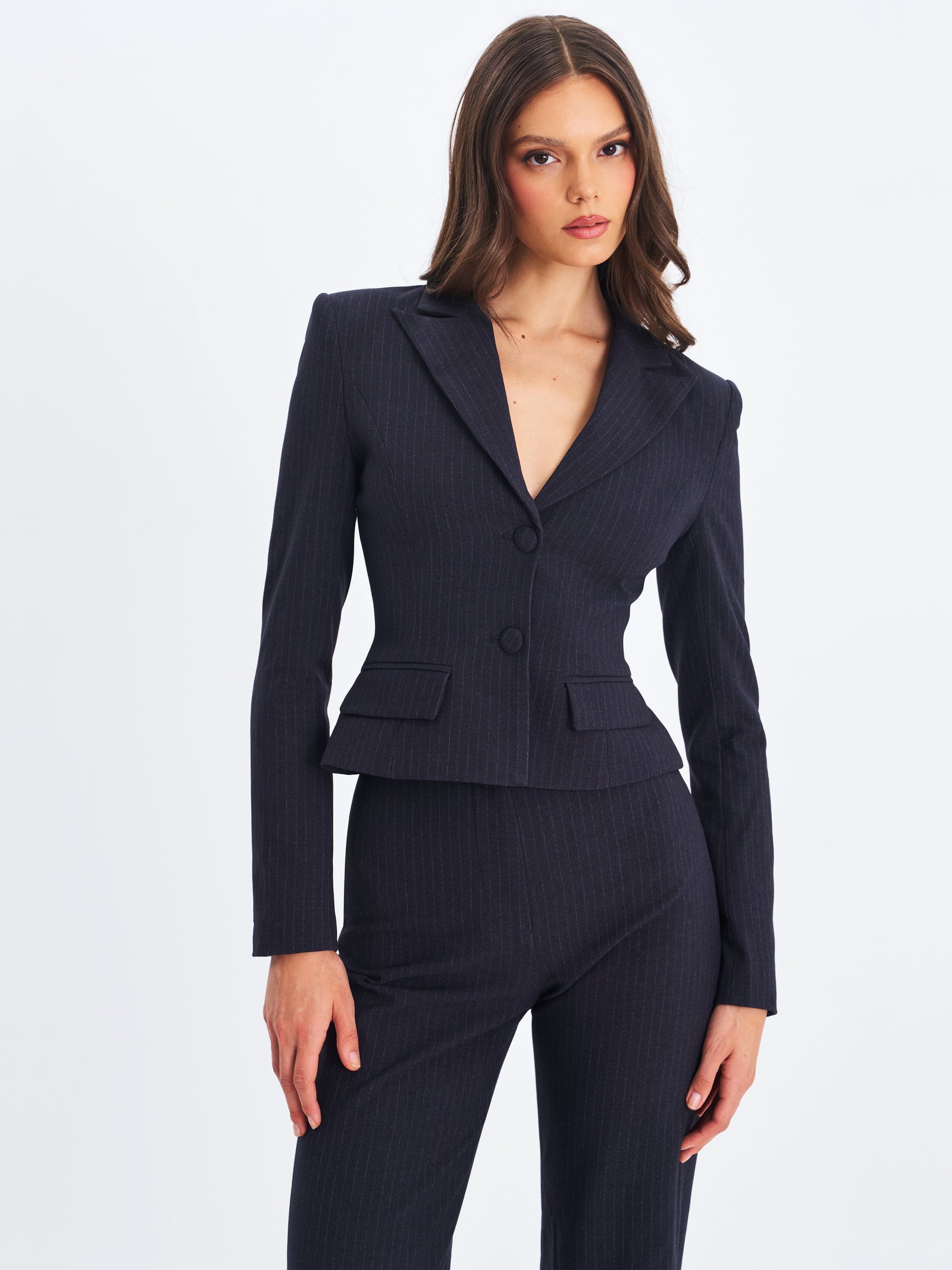 Quinne Navy Striped Single-Breasted Peplum Blazer Miss Circle