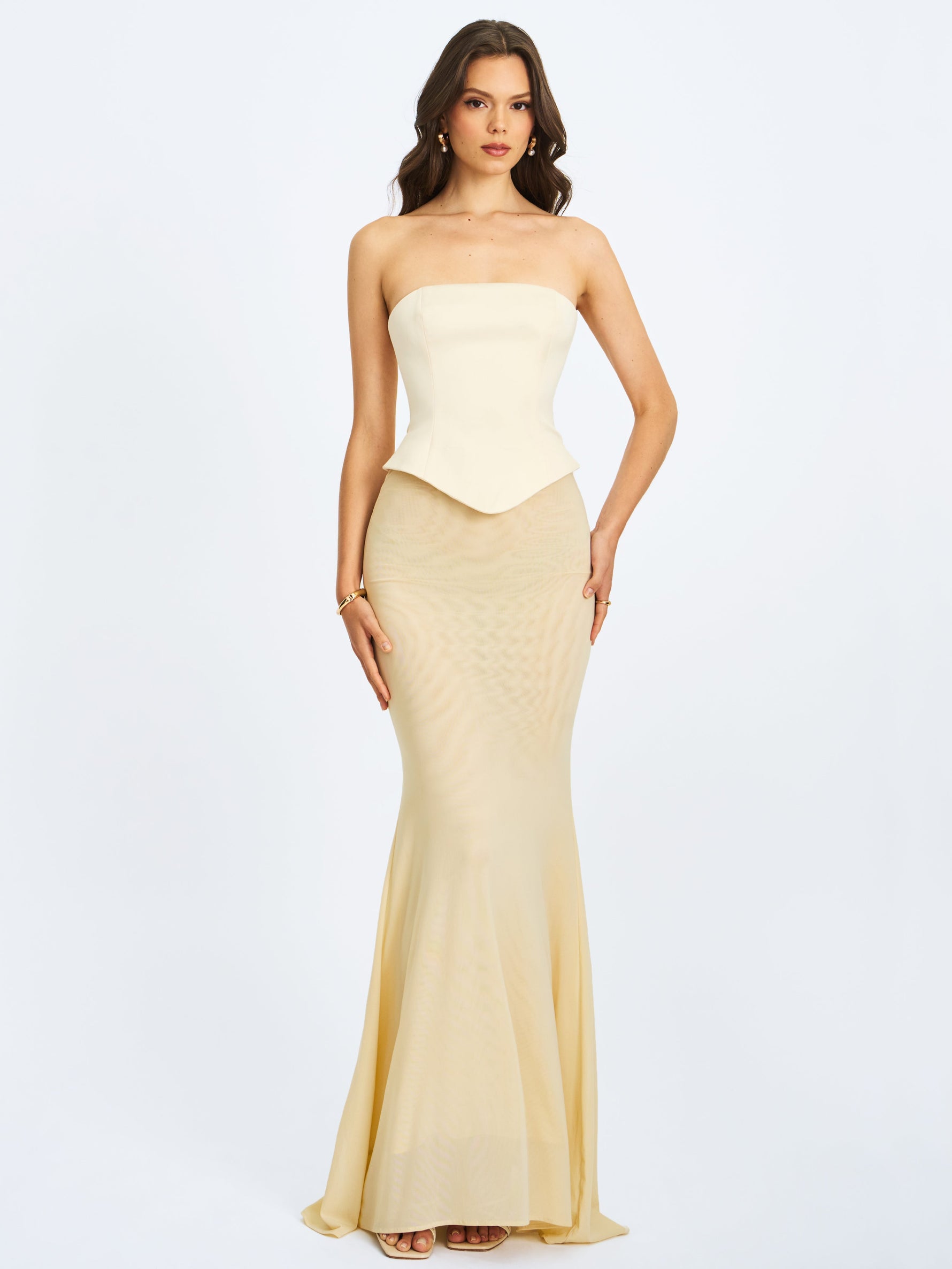 Adelina Butter Yellow Peplum Mermaid Gown with Lace-up Back Miss Circle