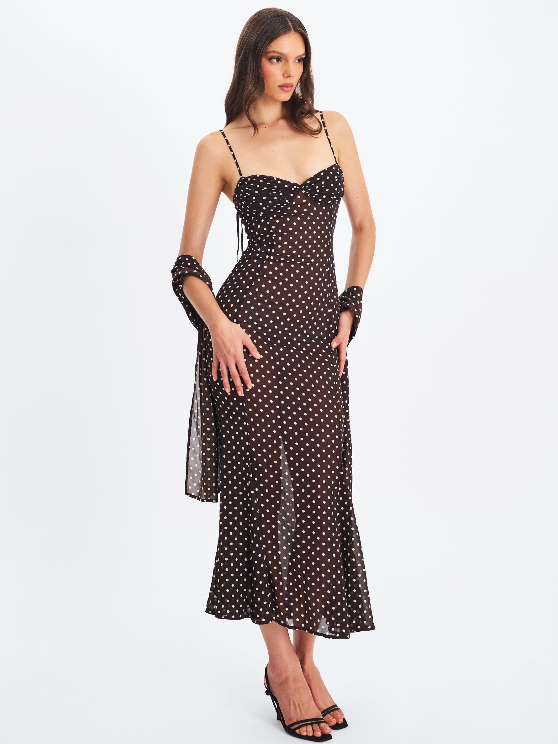 Yadira Brown Base Polka Dot Chiffon Maxi Dress Miss Circle