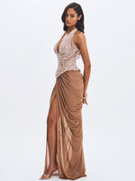Nancie Apricot Beaded Halter Peplum Ruched Maxi Dress