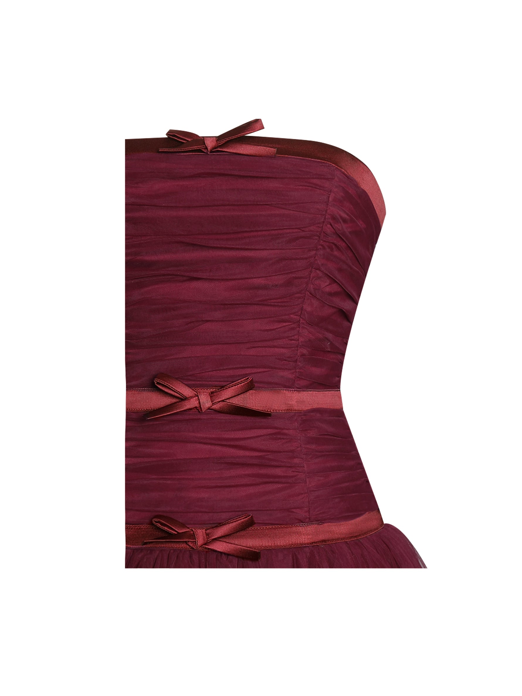 Mabel Burgundy Drop Waist Layered Mesh Midi Puffy Dress with Bow Miss Circle