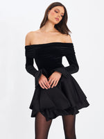 Magnolia Black Off-Shoulder Layered Satin Mini Dress Miss Circle