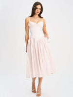 Zania Pink Stripe Ruched Breast Cotton Jacquard Midi Dress Miss Circle