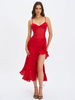 Dahlina Red Ruched Waist High Slit Midi Dress